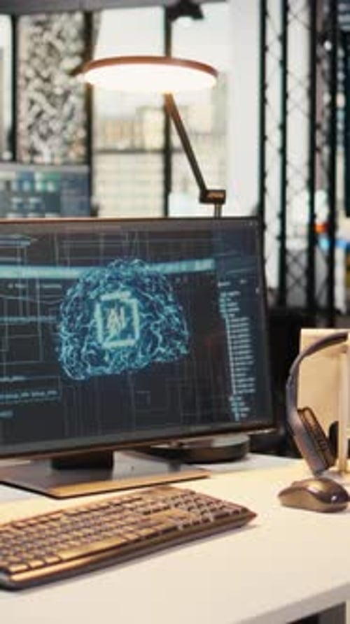 Vertical Video Advanced AI Algorithms Running on Computer Monitors in Empty Startup Workspace
