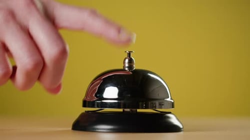 Person Guest Hand Ringing Service Restaurant or Hotel Bell Hold By Waiter Phone with Chroma Key