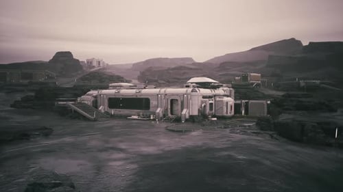 Colonist Base on a Distant Planet Amidst Rocky Terrain and Overcast Skies