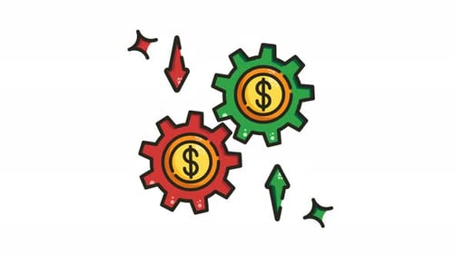 Animation Zwei Zahnräder mit Dollarzeichen und Pfeilen.