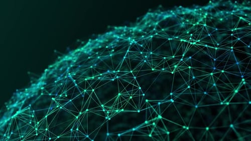 Abstract Futuristic Background: Green Geometric Sphere with Hi-Tech Plexus, Rotating in 3D.