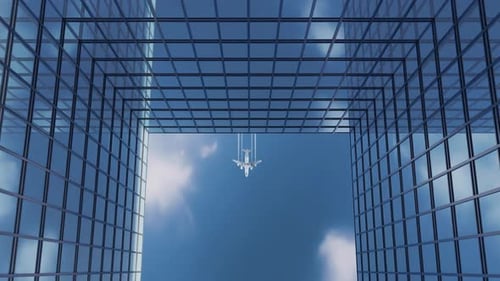 Airplane Flying Over Skyscrapers 4k