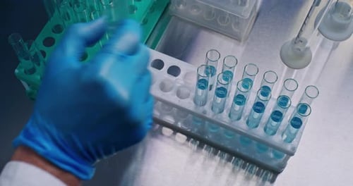 Close Up of Chemist Putting Test Tubes with Blue Liquid in Rack