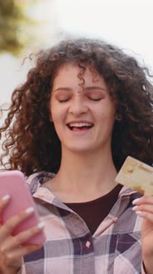 Lovely Woman Using Credit Bank Card Smartphone While Transferring Money Purchases Online Shopping