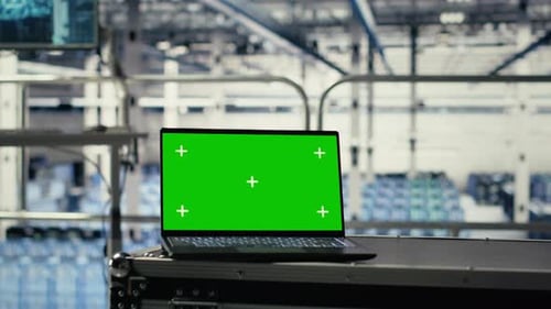 Primer plano de una computadora portátil con pantalla verde en un centro de servidores con hardware compatible con IA