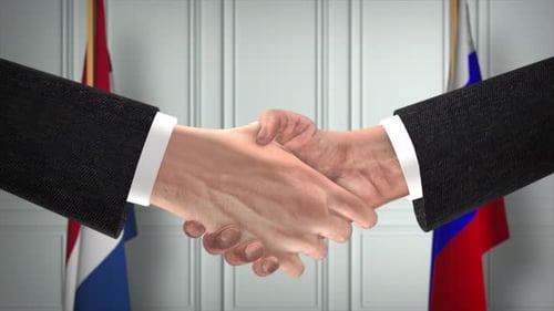 Business Handshake with National Flags Animated Background