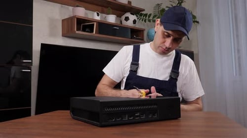 Man Inspecting Black Video Game Console on Table