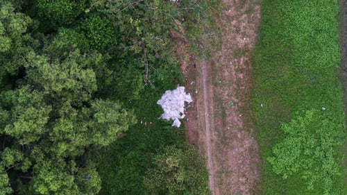 Aerial drone view of rubbish dumped at forest edge
