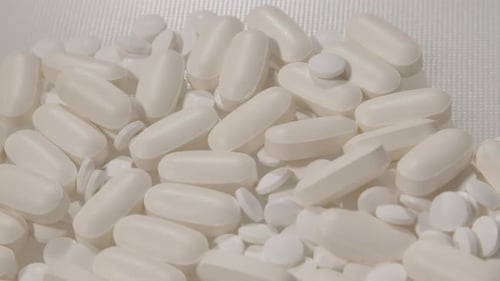 Close Up of Scattered White Pills and Medications