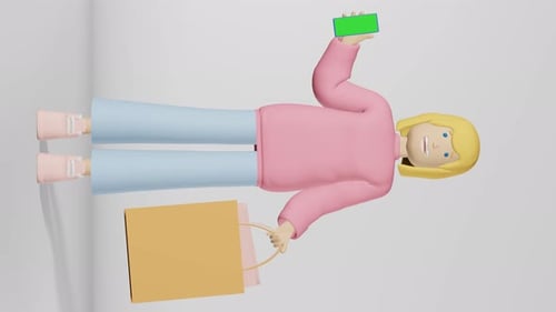 3d character girl shopping bag mobile vertical loop animation Blond young woman smartphone chromakey