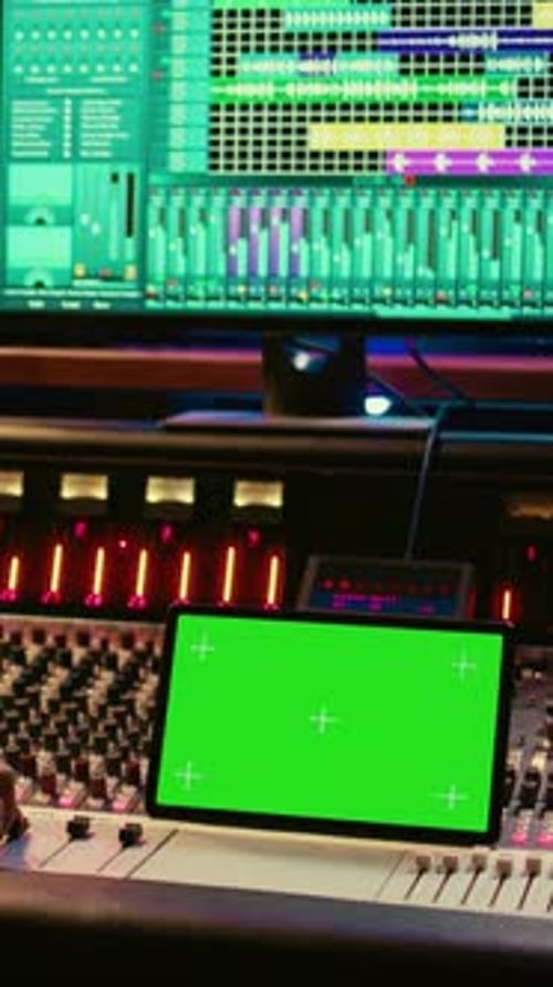 Vertical Video Sound Engineer Expert Recording Audio Tracks Next to Tablet Mockup