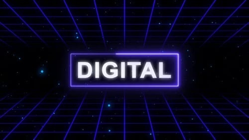 Neon Digital Text Reveal on Retro Futuristic Grid Background
