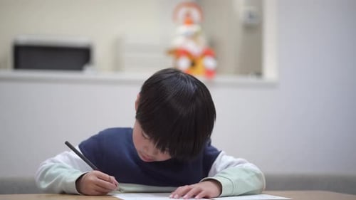 Boy Drawing with Pencil at Table Indoors