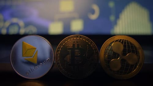 Cryptocurrency Coins Lined Up Close Up