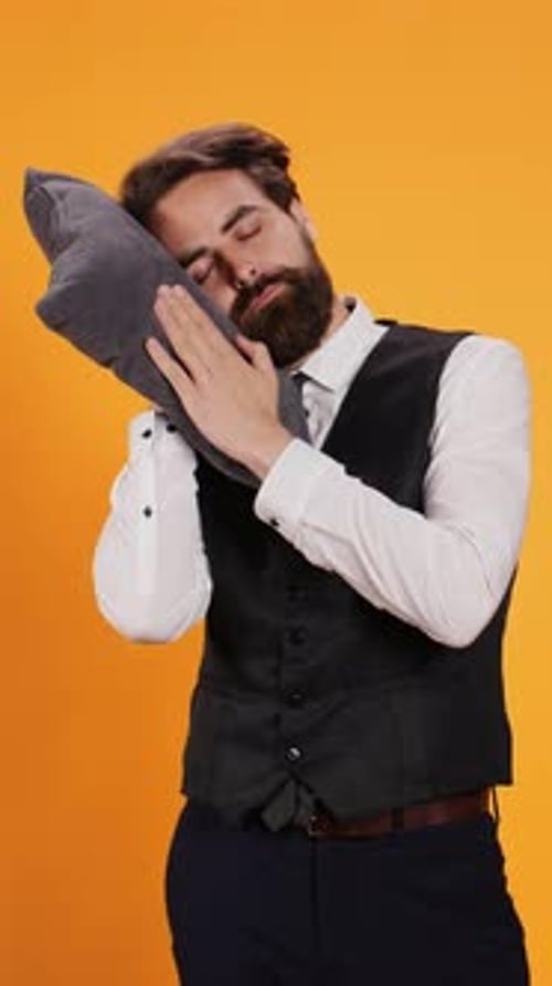 Vertical Video Tired Diner Employee Napping on Pillow
