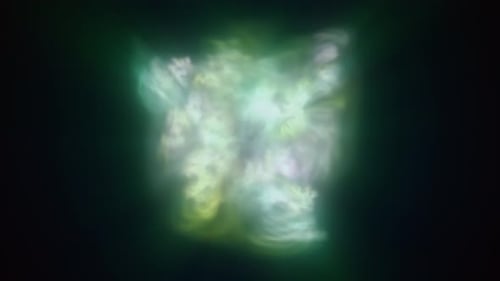 Mehrfarbige Energieschleife, glühender grüner kosmischer magischer Rauchstaub, futuristischer heller Hintergrund