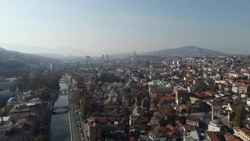 Aerial Footage of Sarajevo and National Library the Shot is Flying Over Vijecnica Library with a