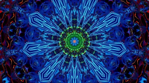 Blue and green flower with red center surrounded by smaller green and red flowers. Kaleidoscope VJ l