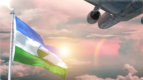 National Flag Waving as Airplane Flies into Golden Sky