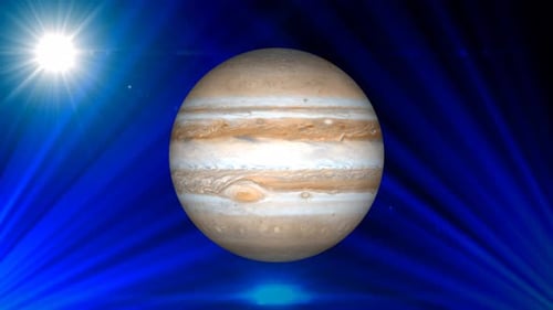 Galáxia giratória da esfera do planeta Júpiter no espaço com sistema solar, vídeo de ciência e tecnologia. 1454