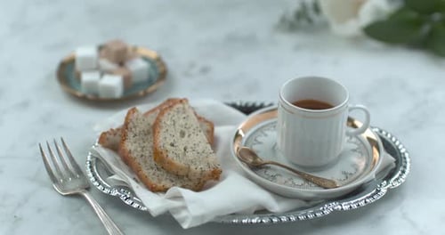 Refreshing Coffee with Sliced Cake Still Life