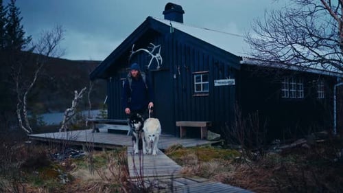 Male Hiker Walking His Pet Dogs In Åfjord, Norway - Wide Shot