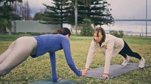 Active women plank workout together at green park lawn in sunny spring morning