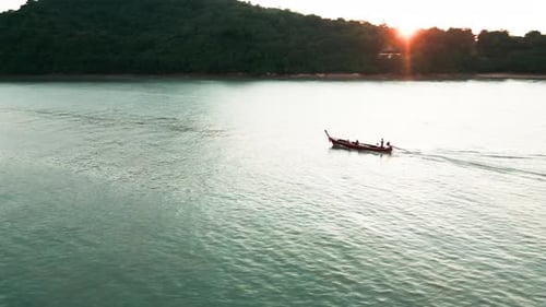 Drone Shot of Wooden Boats in a Clear Turquoise Lagoon Near Thailand