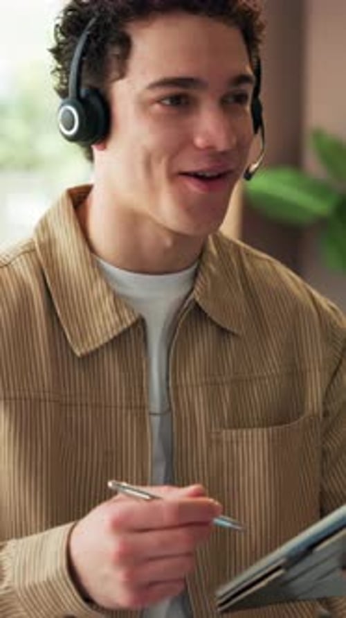 Headset, office and man on tablet talking for seo report, media consultant and website review