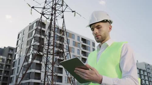 Engineer Uses Tablet Near Power Tower