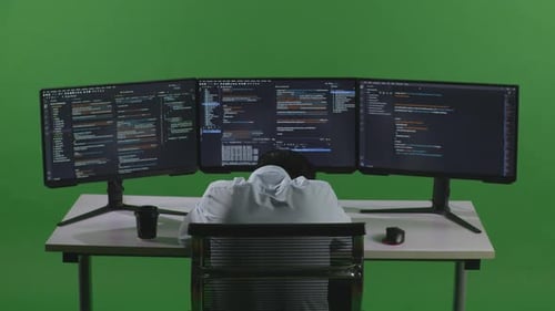 Tired Asian Man Developer Sleeping While Write Code With Multiple Computer Screens In Green Screen