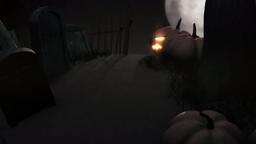 Animated Halloween Graveyard Scene with Glowing Jack-o'-Lanterns