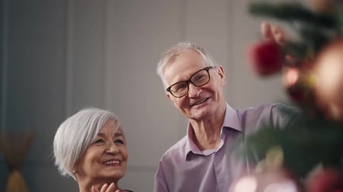 Senior Couple Decorating Christmas Tree at Home