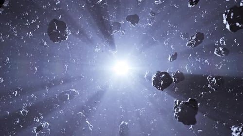 Cosmic Journey Through Asteroid Field With Bright Light