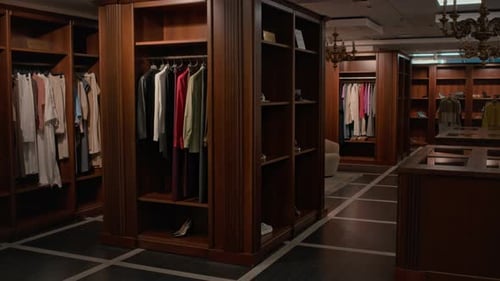 Intérieur d'un magasin de vêtements pour hommes spacieux avec des vêtements élégants exposés dans des placards