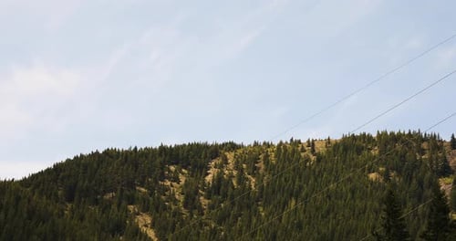 Helicopter Flying Over Mountain Forest Lifting Tree Log By A Rope. - wide shot