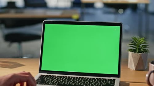 Businessman Watching Greenscreen Laptop at Office Closeup Unrecognizable Man
