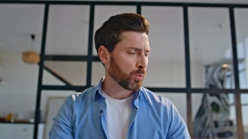 Friendly Boss Chatting Online Interview at Modern Interior Closeup Pov View