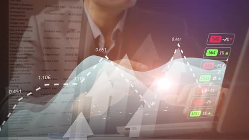 Cg Footage on the Background of a Businessman Working on a Laptop Moving Graphs and Charts with