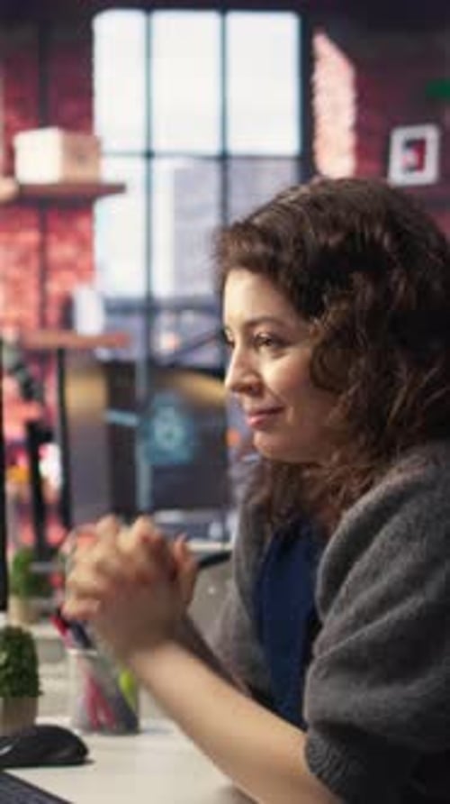 Vertical Video Joyful Thrilled Woman Works on Stock Trading Analysis Browsing Real Time Data