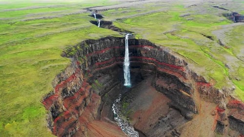 Aerial view of Hengifoss waterfall in Iceland.