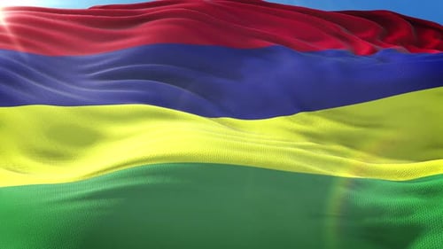 Mauritius Flag Waving in Realistic Loop on Blue Sky