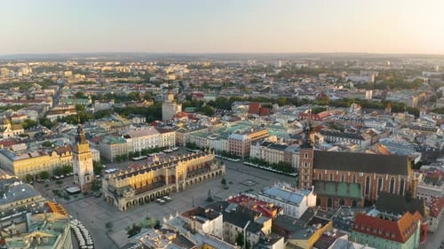Amazing Orbiting Shot Above Old Town Square in Historic City of Krakow, Poland