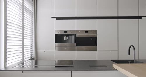 Modern Kitchen Room in Minimalist Apartment with Dining Area of Natural Wood