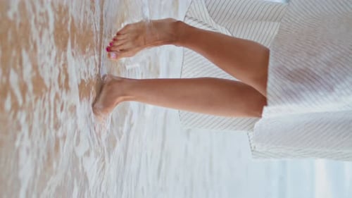 Girl Legs Going Waves Beach Vertically Closeup Relaxed Traveler Walking Ocean