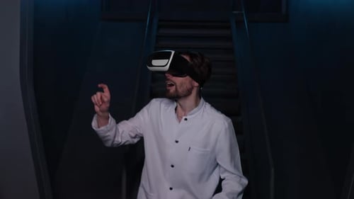 Man Exploring Virtual Reality in Futuristic Space