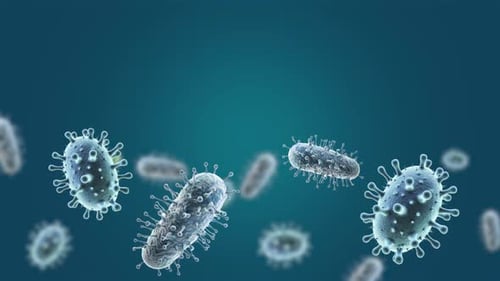 Animated Viruses and Bacteria Floating in Microscopic Medical Background