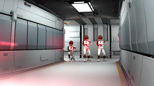 Stylized Sci-Fi Soldiers Fire Lasers in Futuristic Spaceship Hallway