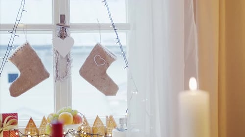 Festive Holiday Decorations by Window, Festive Christmas