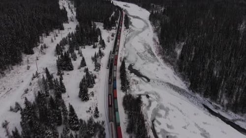 aerial footage canada train snow winter